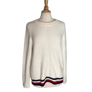 Tommy Hilfiger White Cream Texture Fuzzy Sweater Navy Red Detailing Wool Blend